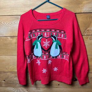 Ugly Christmas Sweater Women’s  LOL VIINTAGE‎ Holiday Red White Penguin XL party